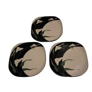 Sango Quadrille Black Lilies 5101 Dinner Plates (3) Floral Semi-Porcelain READ‎